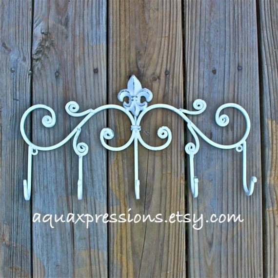 Iron Wall Hook /Bright Orange Hanger/ Five Hook/ Fleur de lis metal decor/ Decorative Key, Towel Holder/ Painted Coat Rack/
