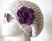 READY SHIP Hand Knit Hat Cloche cream  Hat purple  flower Spring Fall Autumn Winter Accessories Fashion