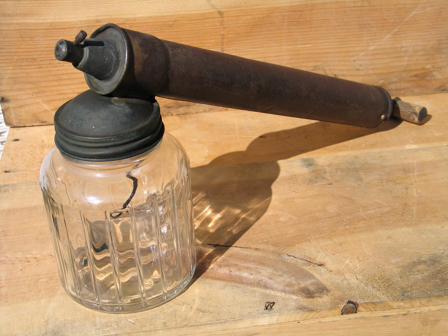 Antique Bug Sprayer with Atomizer Clear Glass Jar, Vintage Garden Decor, Shabby Chic, Rustic Country, Cottage Home Decor