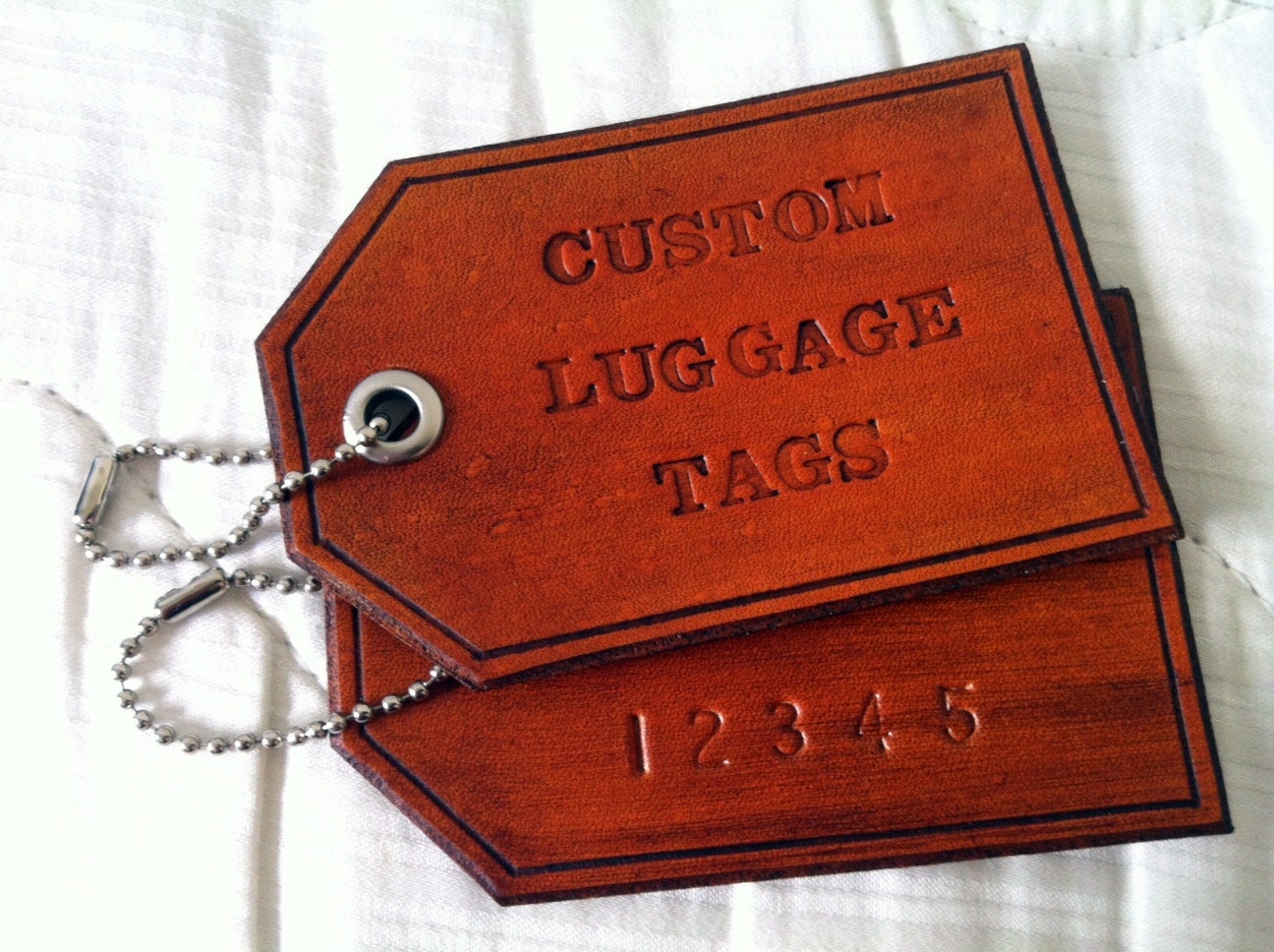 Custom Personalized Leather Luggage Tags: 2 tags, Hand Stamped Gift