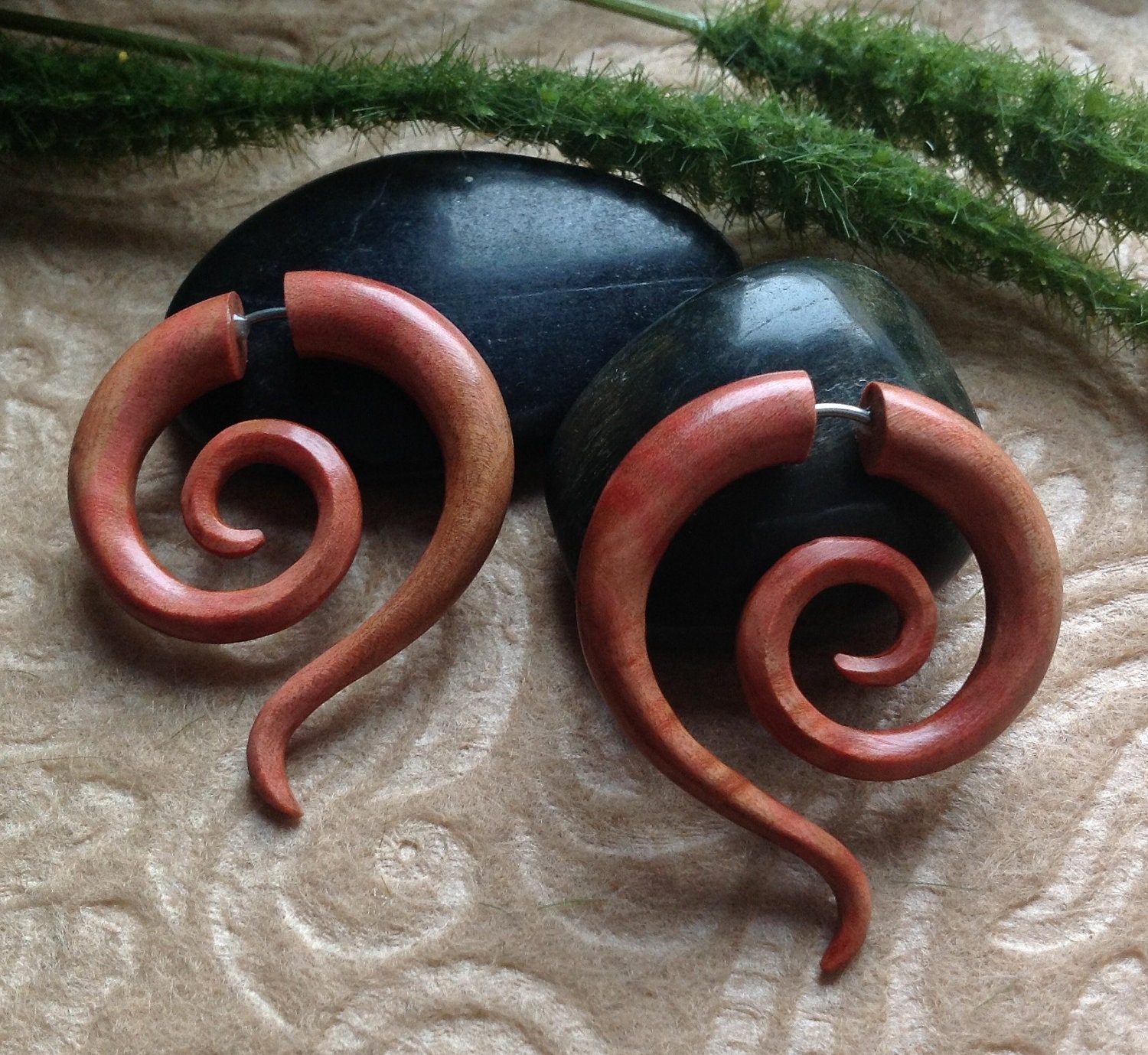 Fake Gauge Earrings - Spirals - Exotic Bubinga - Naturally Organic - Hand Carved -Tribal