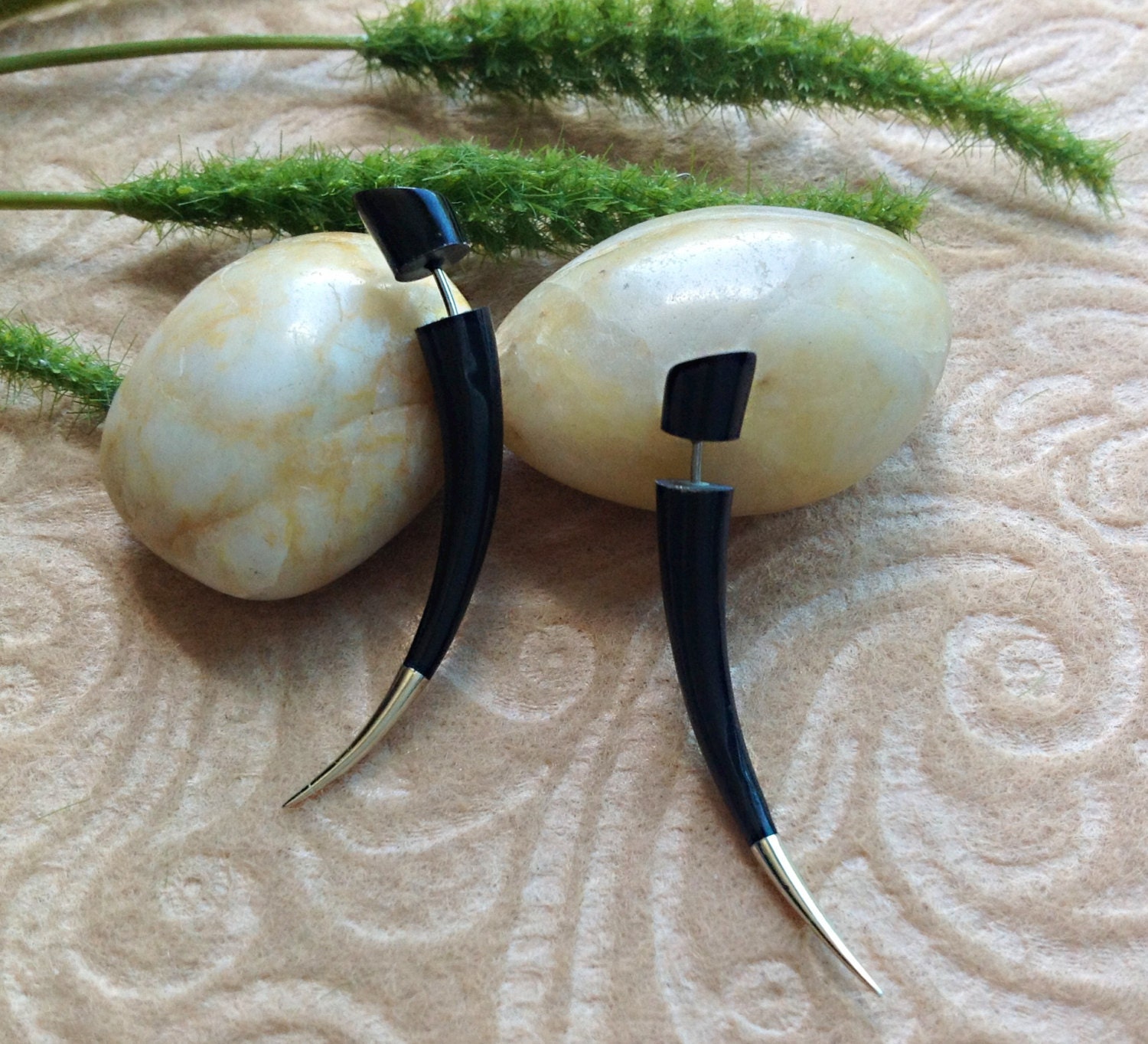 Fake Gauge Earrings, "Silver-Tipped Spikes" Hand Carved, Horn, Naturally Organic, Tribal Style