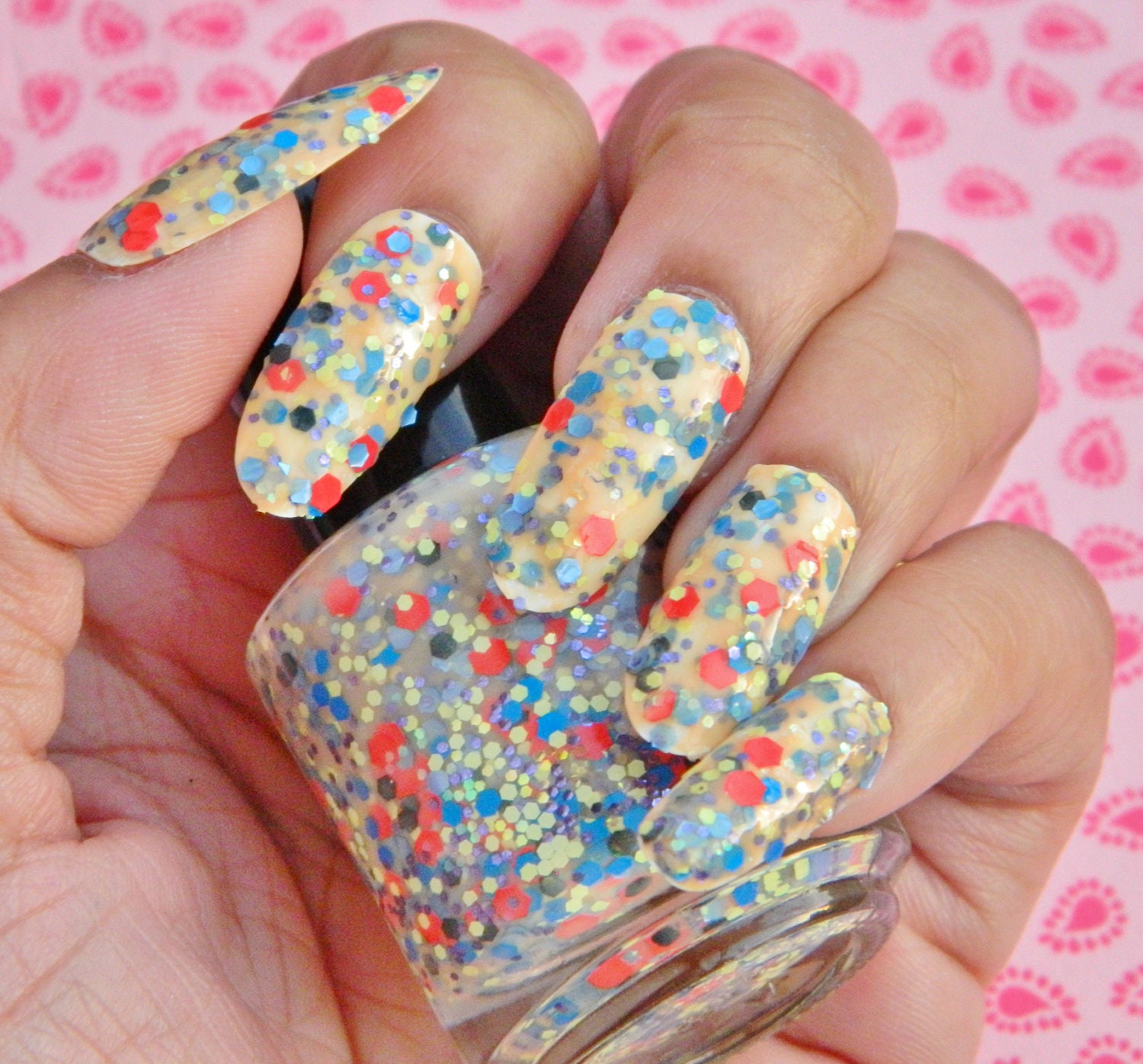 Neon and Nude Glitter Nail Polish - LIC Queen Full Size Bottle 0.5 oz NY Hoods Collection