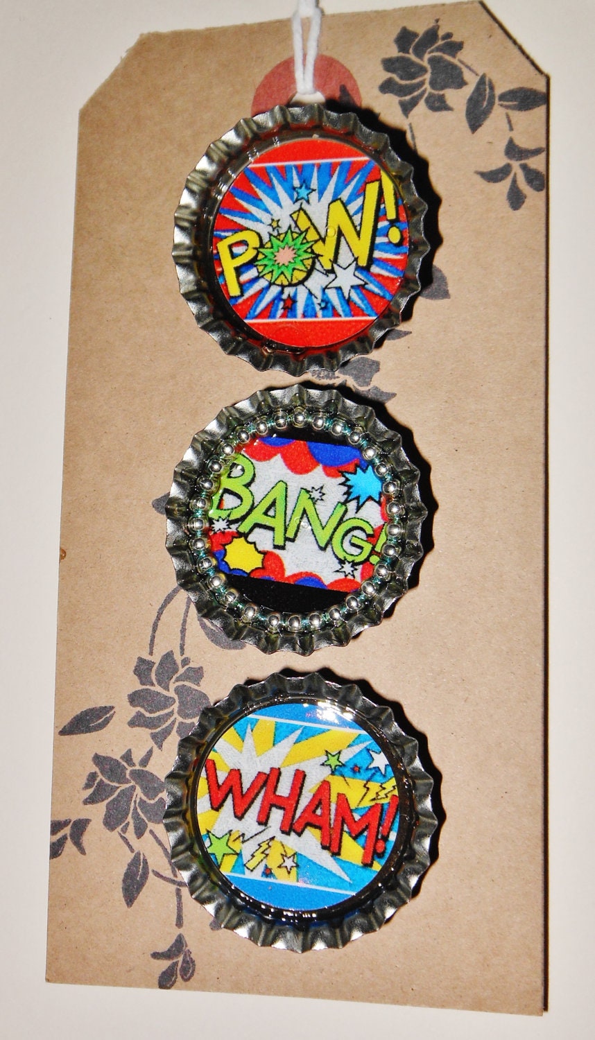 Comic book 'POW' 'WHAM' and 'BANG' Bottle Cap Brooches