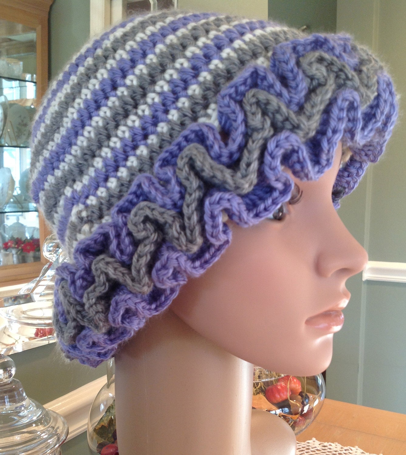 Beanie Hat with Ruffle Crocheted Lavender, Grey, White - Adult