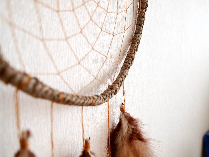 Dream Catcher - Brown Nights - With Natural Brown Feathers, Raw String Brown Frame, Light Brown Nett - Home Decor, Mobile - perpetumobile