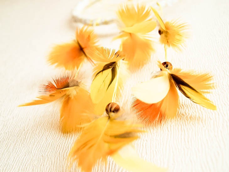 Dream Catcher - Tropical Sunshine - With Exotic Yellow Parrot Feathers, Drop Formed Gemstone and White Frame - Home Decor, Mobile
