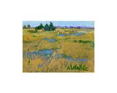 ACEO Scarborough Marsh, Maine . Matted to fit 5" X7" standard frame .  ORIGINAL texture , small painting , gold , blue