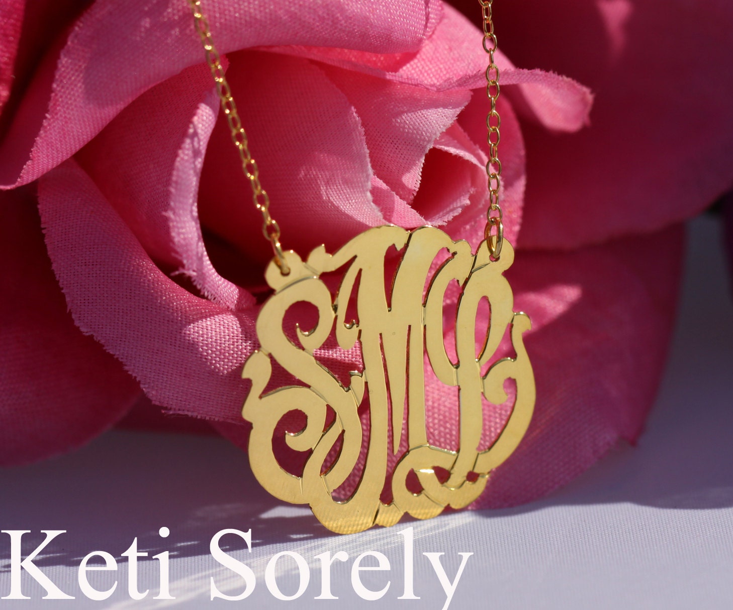 Small Initials Monogram Necklace 3/4"(Order Any Initials) - 14K Yellow Gold