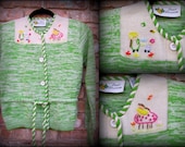 Vintage Sweater / Green Cardigan with Woodland Hand Embroidery / 1970s / Extra Small