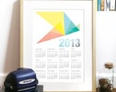 Calendar Bird 2013 triangles forms retro Art Poster Print Calendar Illustration in colors - A3 Calendar Poster art print - rainbow colors