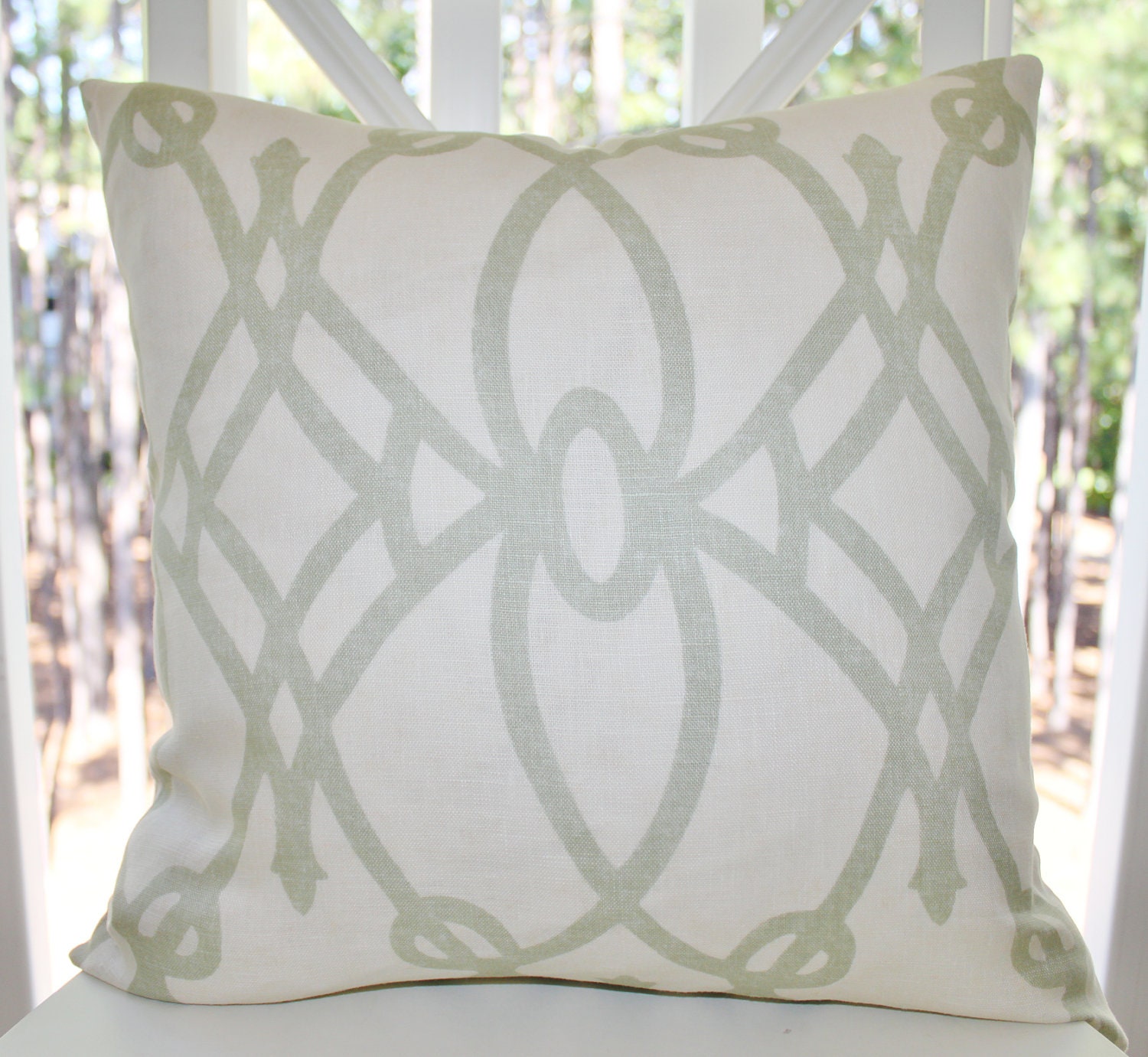 Green Ivory Pillow - Geometric Scroll Pillow Cover - Sprout Green Ivory Trellis Pillow - Decorative Pillow Cover - Linen 18 x 18