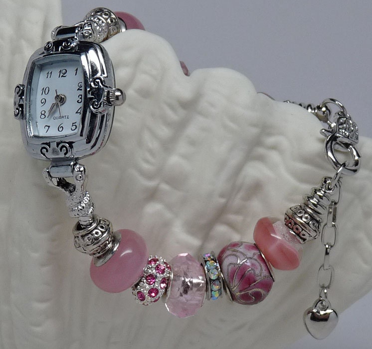 ROMANTIC PINK BLUSH:  European Style Large Hole Bead Watch Bracelet Accessory Gift