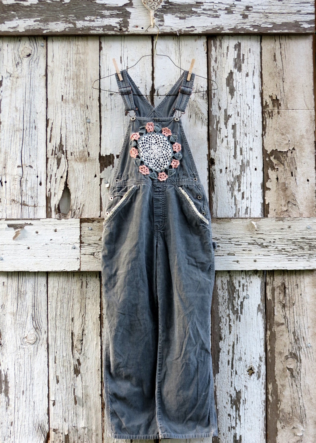 Sweetly Overhauled Overalls/ upcycled romantic grey bib cords/ eco friendly boho chic bibs