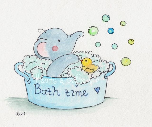 Childrens art Elephant watercolour painting PRINT 8 x 10 Bath time for baby in blue Boy Nursery Fun Cute Bubbles