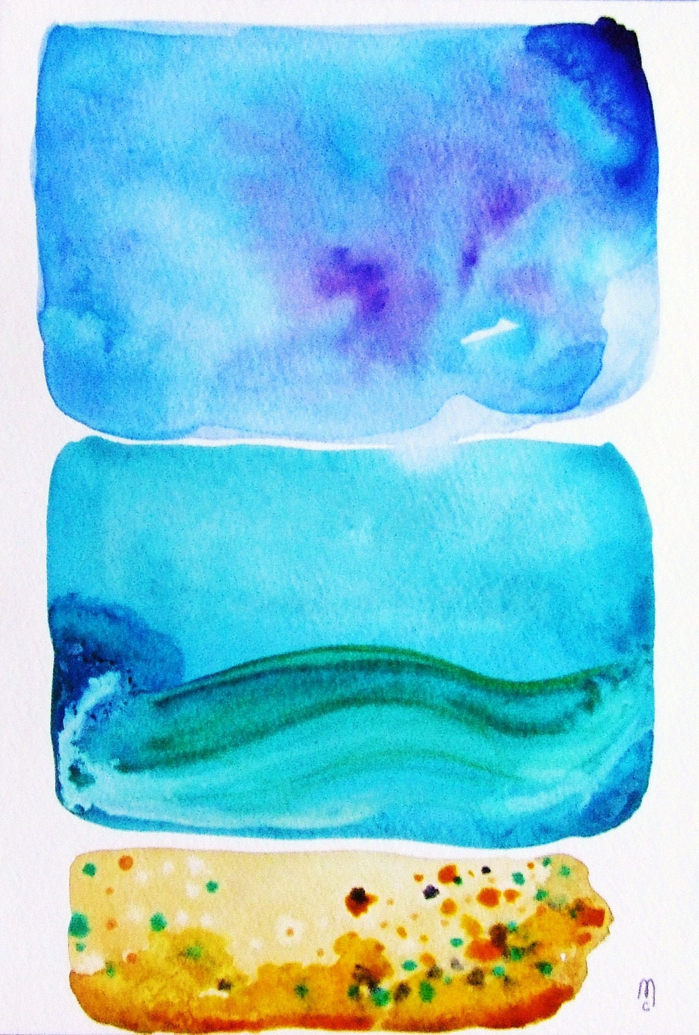 Abstract Landscape Abstract Painting Watercolor Ink Contemporary Art Ocean Sky Blue Turquoise Beach Sand Drawing Fine Art Abstract Painting