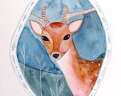 Deer Stag Watercolor Painting Ink Animal Portrait Nature Deer Drawing Contemporary Art Beige Brown Blue Grey Landscape Deer Decor Deer Art