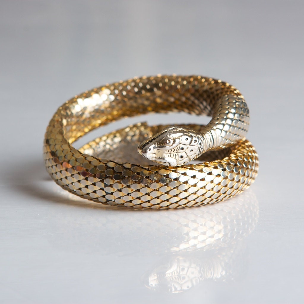 Vintage Whiting & Davis Snake Gold Mesh Two Coil Bracelet