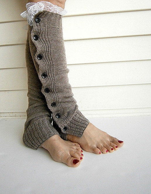 Knit Leg Warmers Boot Cuffs Socks Button Down Lace Trim- Camel - knitwit321