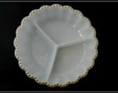 Anchor Hocking Fire King Vintage White Milk Glass Divided Relish/Serving Tray With Scalloped Edge And Gold Dot Trim