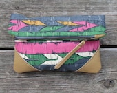 leather clutch, printed cotton, fold-over clutch, pink, geomtric