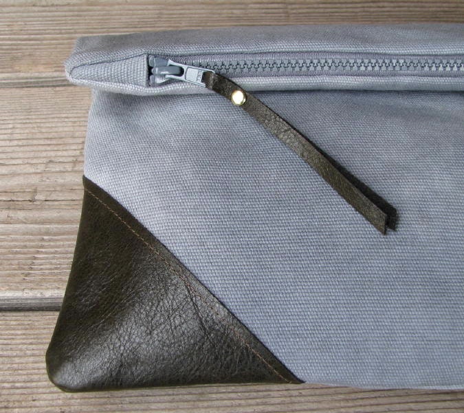 canvas and leather clutch, hand-dyed, fold-over clutch