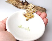 Cherish Oak Leaf Dish For Rings, Earrings or Candy White and Amber Porcelain Ceramic Lovely and Delicate READY TO SHIP