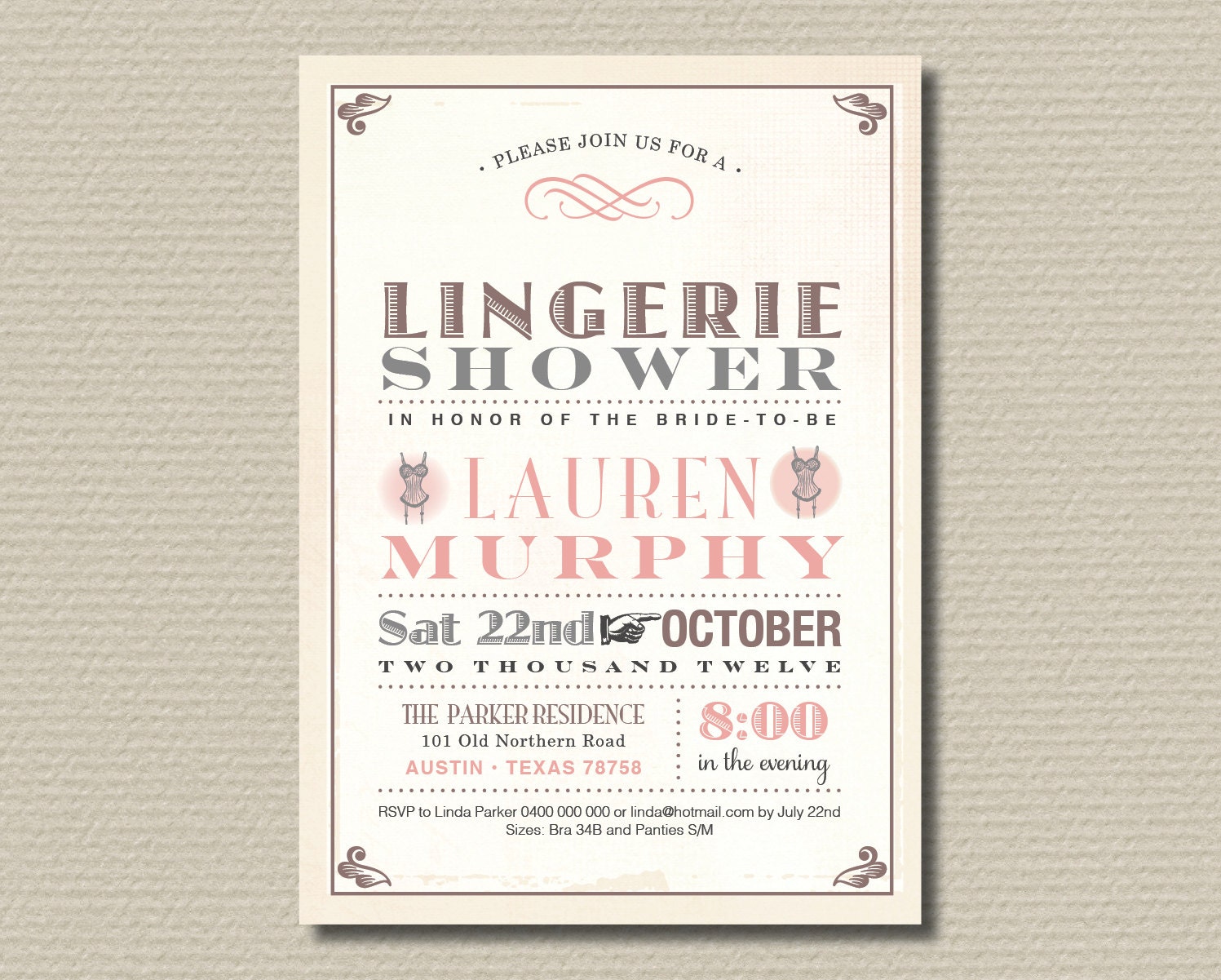 Lingerie Shower Invitation - Vintage Poster design with charcoal and soft pink (BR72)