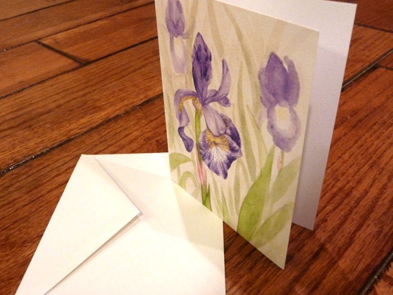 Watercolor note card reprint purple iris garden stationery single card and envelope
