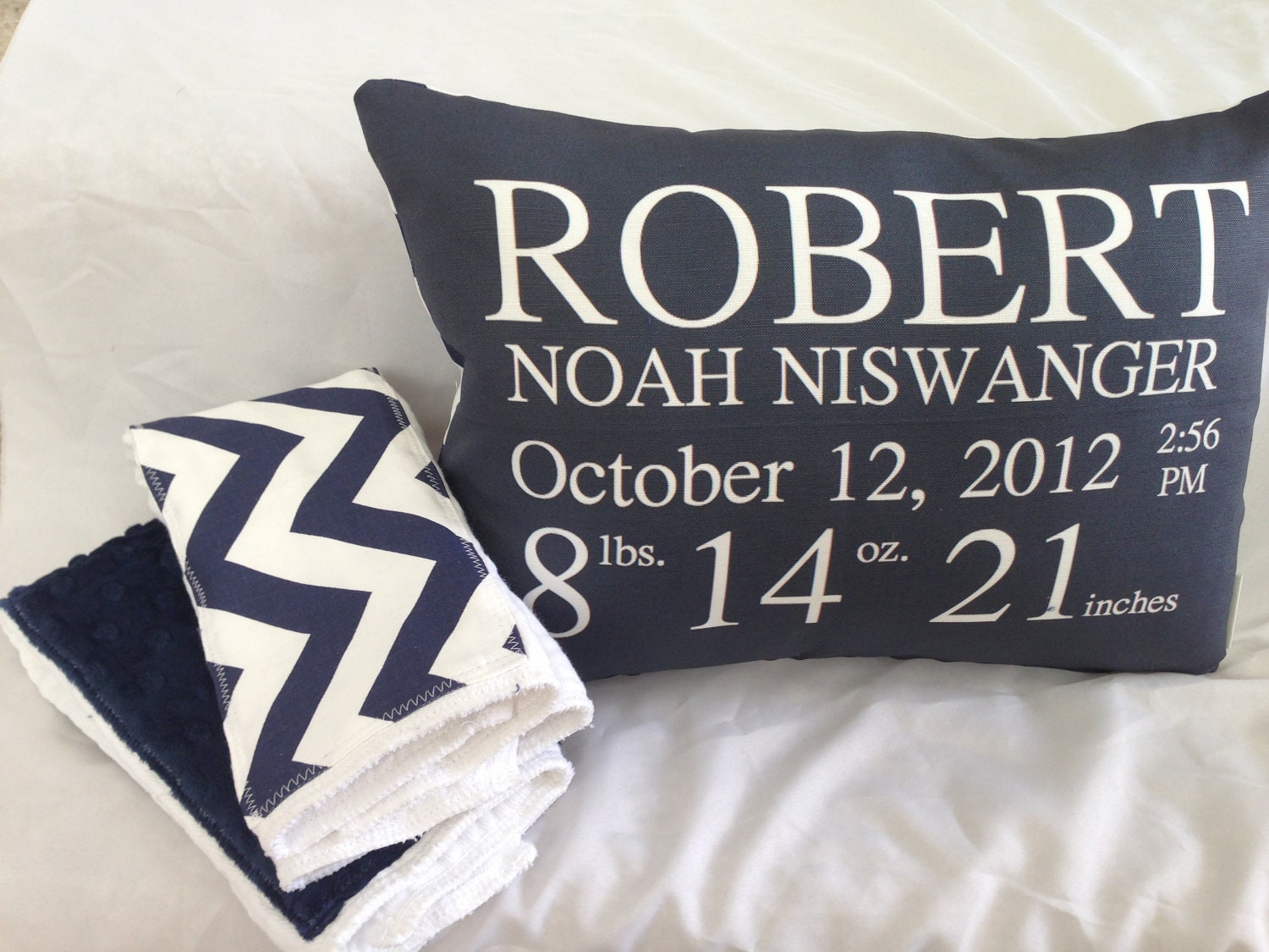 New Baby Gift Set- personalized birth announcement pillow and burp cloth set