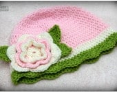 Crochet  Pink Baby Girl Hat  with crochet flower - Newborn to 24 Months