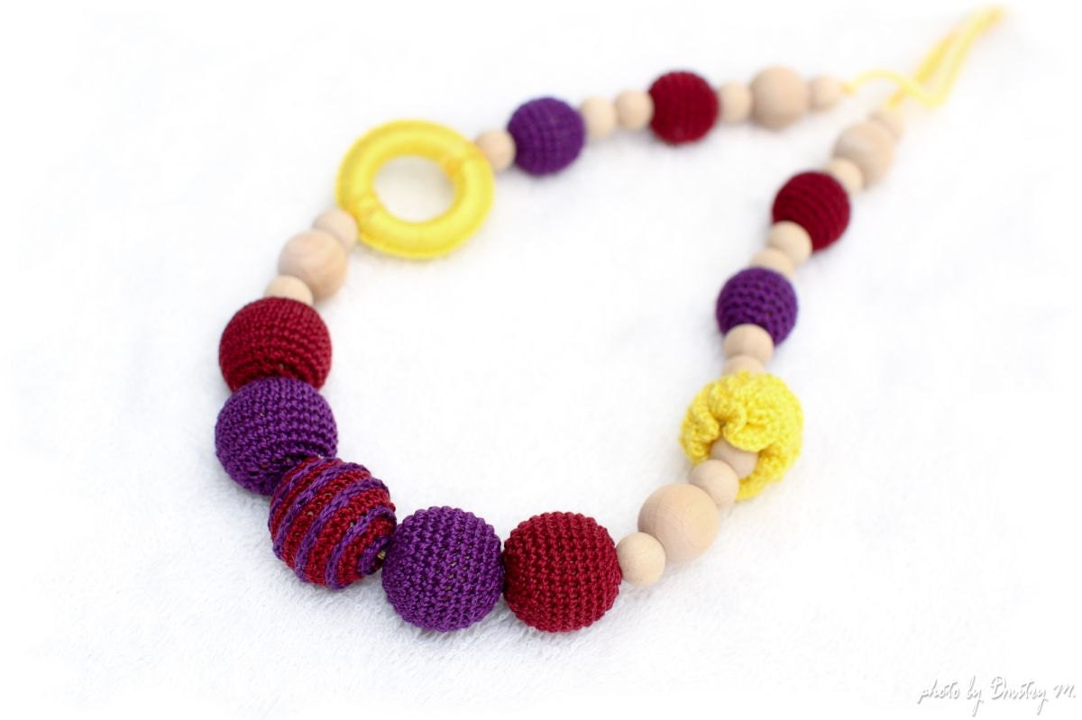 Nursing mom necklace/ Teething toy. Breastfeeding necklace - purple, burgundy, yellow, wooden ring, mom accessory
