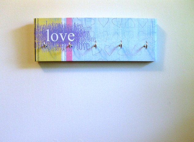 Jewelry Holder and Key Rack  - "Love" - Blue, Pink, Yellow, Purple, Love, Kiss, Cutie, Forever, Hearts, Inspirational Words, Swirls, Stripes