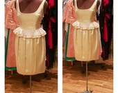 1980s Gold Silk Peplum Party Dress with White Lace Detail Gold Cocktail Dress Silk Party Dress