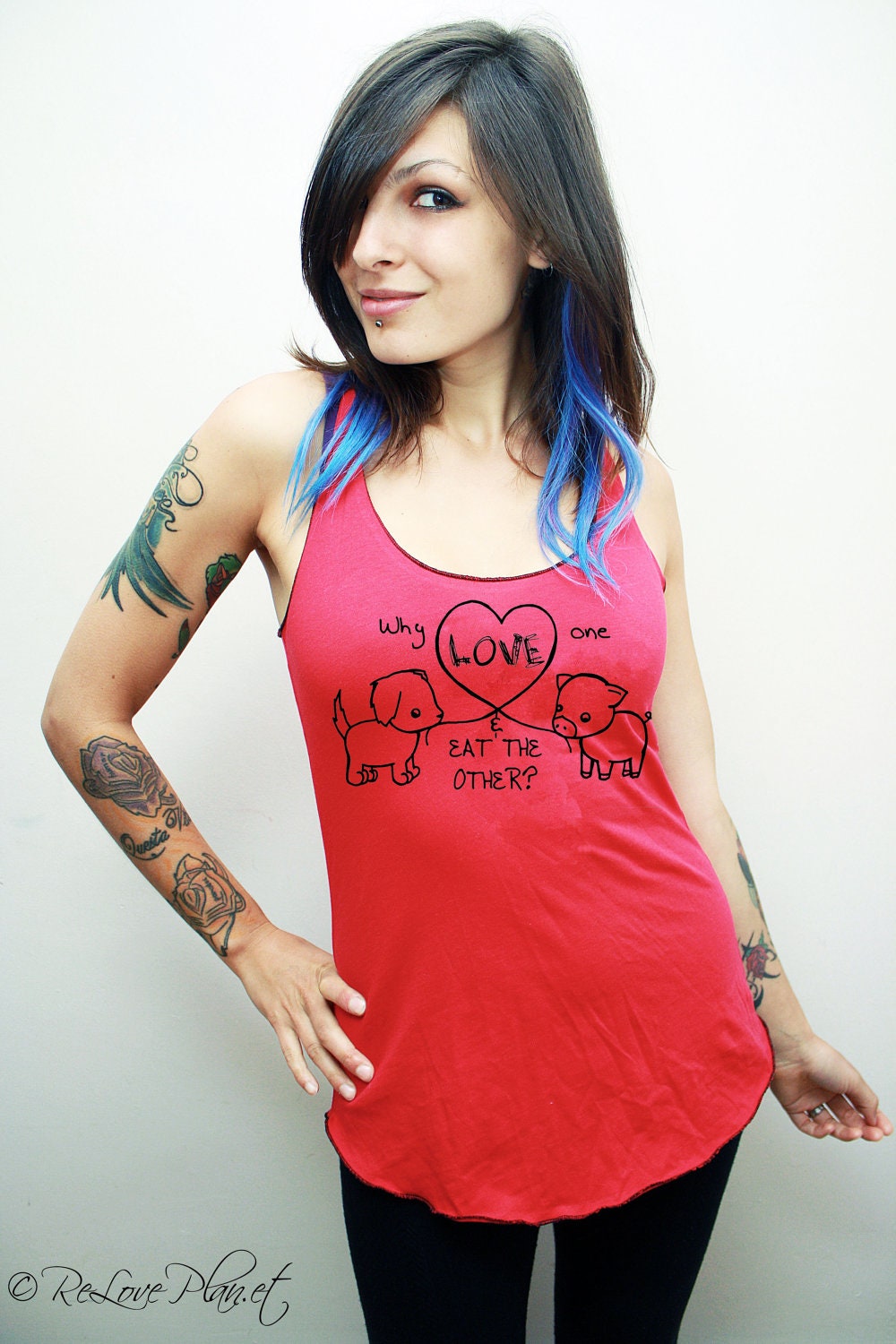 Why Love One and Eat the Other PIG and PUPPY Racerback Tank - Organic Eco Vegan Veg Tank or Racer Back Shirt - ReLove Plan.et - S-L