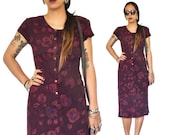 HOLA VINTAGE 90s Grunge Floral Midi Dress - Summer Festival Cotton Crepe Dress - 90s Burgundy Boho Dress - Button Front Flowers Dress