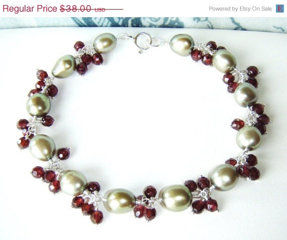 25% OFF Sage green fresh water pearl bracelet with garnets, sterling silver jewelry