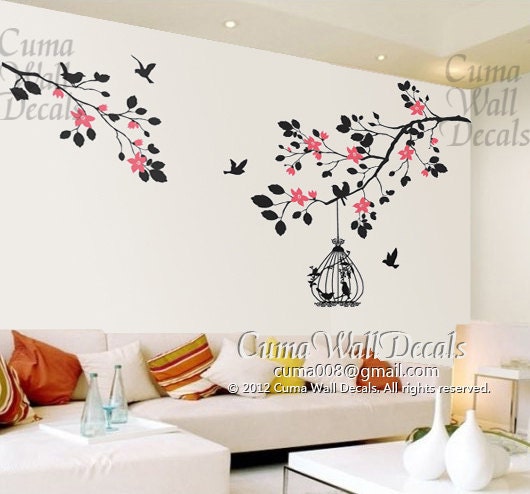 branch  wall decals vinyl tree wall decal sticker birds wall art home decor Nursery decals baby- branch cherry blossom  birdcage birds Z110
