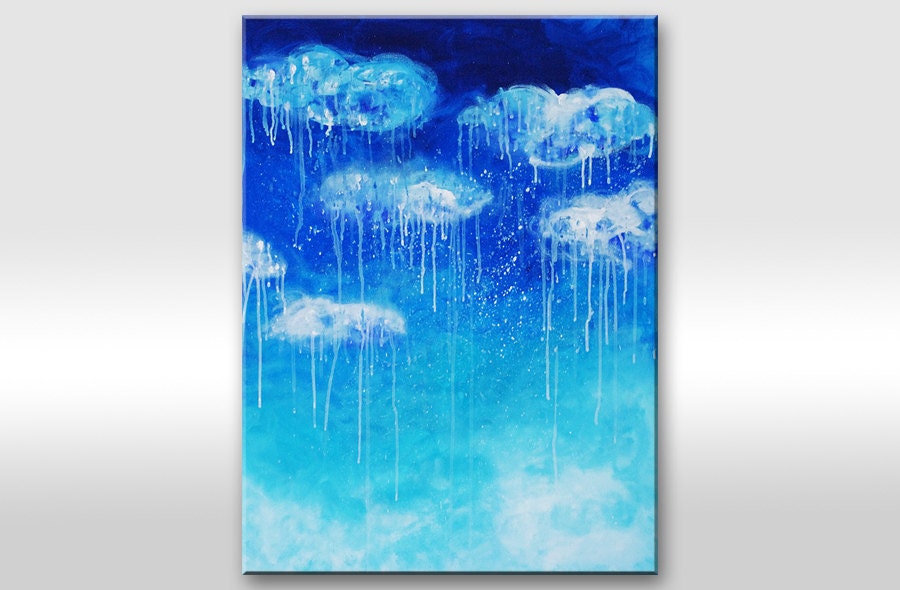 Original Abstract Modern Blue Rain Painting On Canvas White Clouds Water Aqua Artwork Home Decor Blue Sky Art Minimalist handmade painting