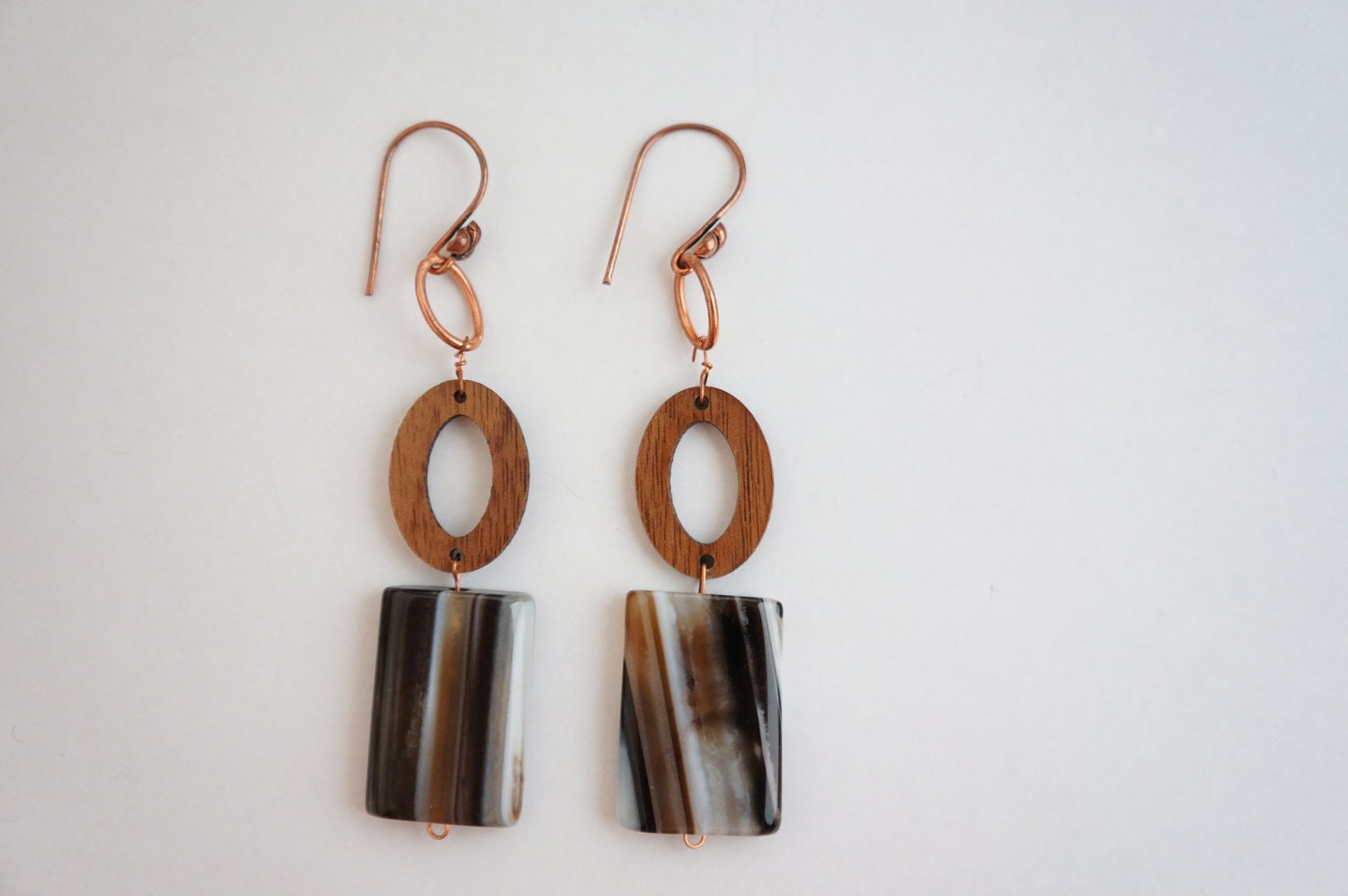 Copper, Walnut Wood and Picasso Jasper Dangling Earrings - Black and Brown Earrings - Natural Earrings - Irish Jewelry