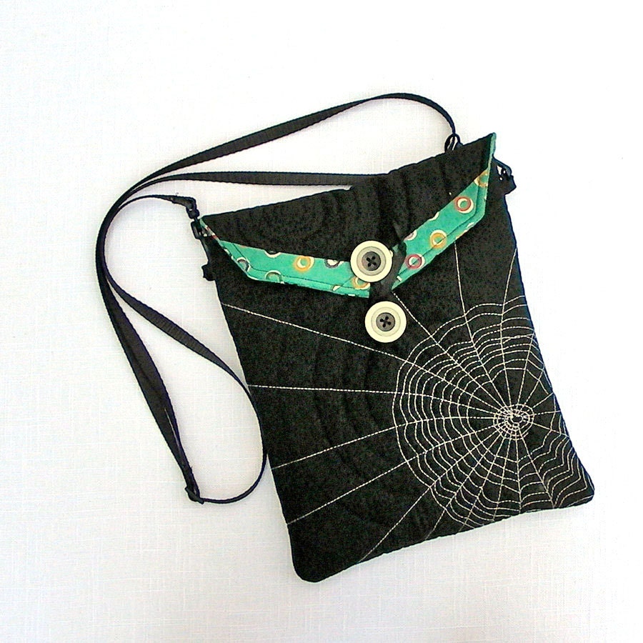 Handmade Cross Body iPad Case Pouch Quilted and Embroidered with Spiderweb in Black and Jade, Small Shoulder Bag Purse