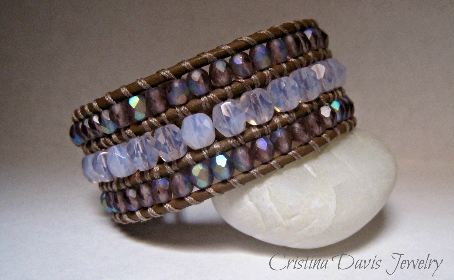 Beaded Leather Cuff, Triple Row beaded, light pink, amethyst ab, bohemian chic, flower petal