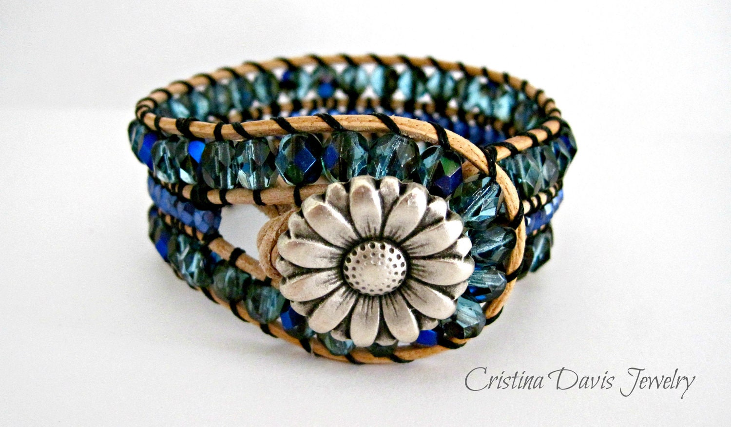 Beaded Leather Cuff, Triple Row Beaded, Northern lights ab, periwinkle sparkle, peacock, boho chic