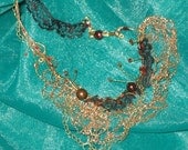 Metal & black lace pearl necklace