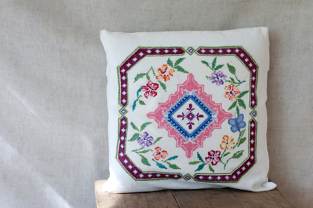 linen sham, cross stitched, 16x16, ONE, white, blue, pink, green, cottage, rustic, folk, embroidered