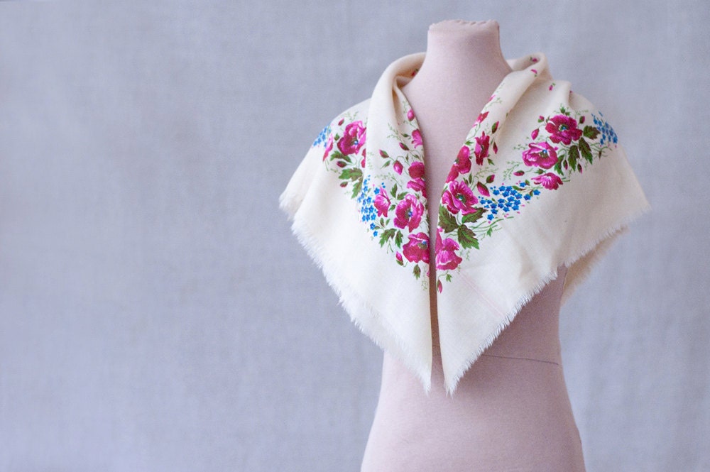 Russian wool shawl, vintage, babushka, autumn, winter, roses, cream pink green purple, wool scarf, folk, rustic