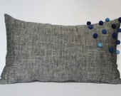 Gray Marled Linen Pillow Case Decorated with Light Blue Royal Blue Dark Blue Navy Blue Midnight Blue Felt Balls 12x20 Inch Home Decor