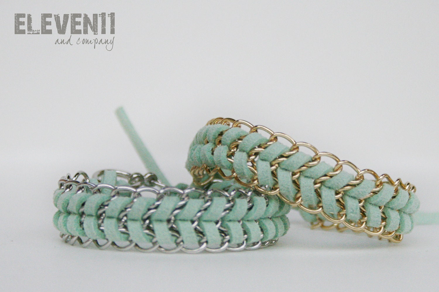 Mint -faux suede with gold or silver metal chain- chevron braided bracelet