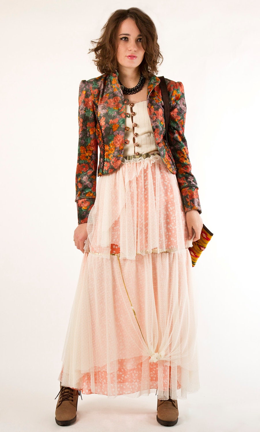 Maxi mesh Layered Skirt  with Vintage Indian silk trim and Sequin detailing