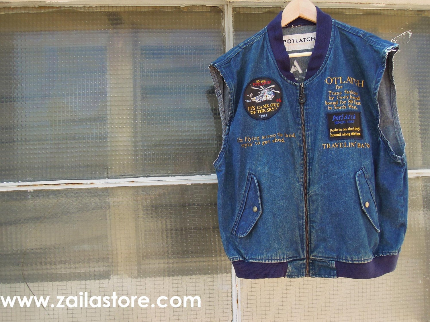 Vintage Denim Vest  Patches and Embroidery Men's 100% Cotton Denim  Woven Vest